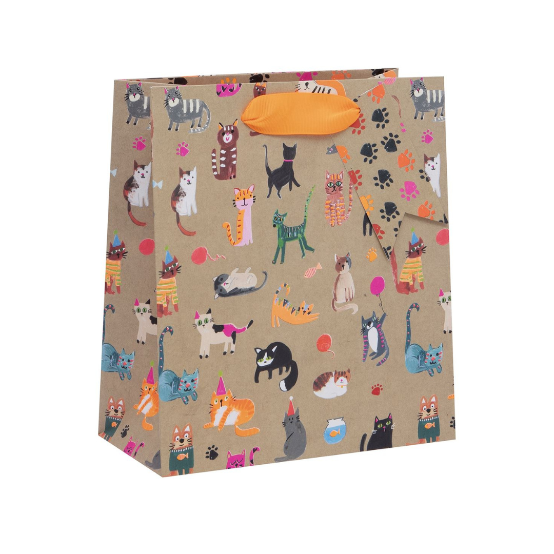 Medium kraft bag with neon cat design, orange handles and matching tag.