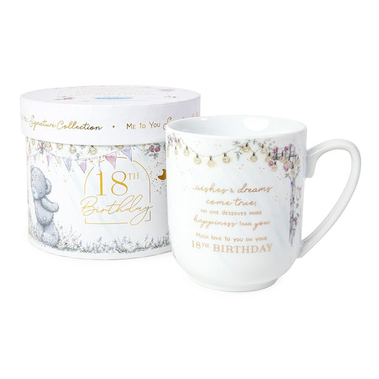 White printed circular boxed mug with gold foil design and verse