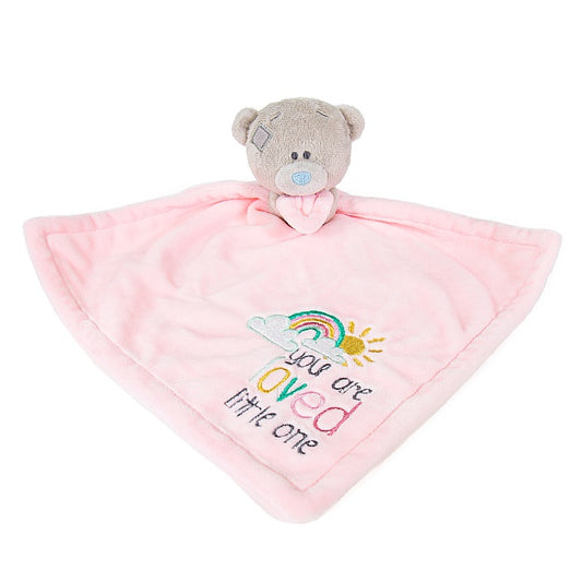 Cute pink baby comforter with teddy and rainbow blanket design