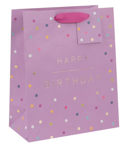 Large purple giftbag with multicolour spots and pink ribbon