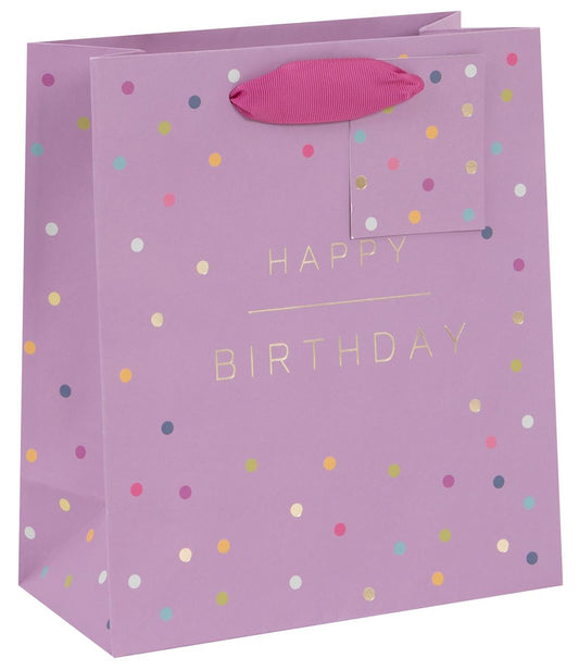 Medium gift bag with purple colour and multicolour spots and pink ribbon