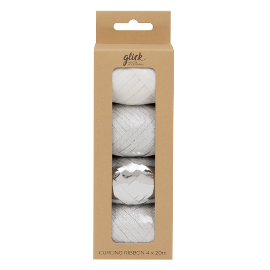 Mix of silver and white curling ribbons in kraft box