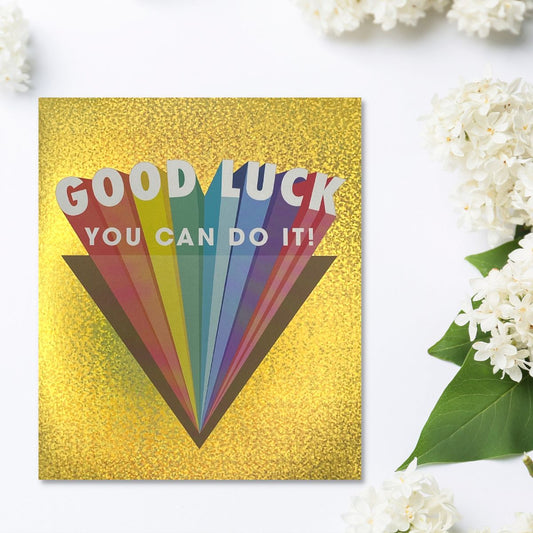 Good Luck Holographic Gold Greeting Card Design Displayed In Full