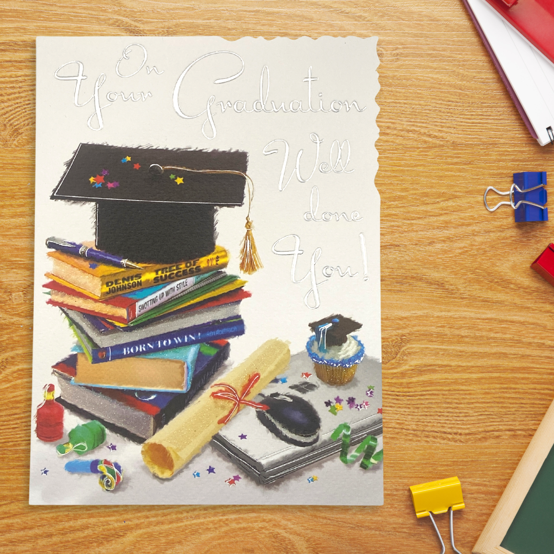 Front image with card showing mortar board, books and certificate