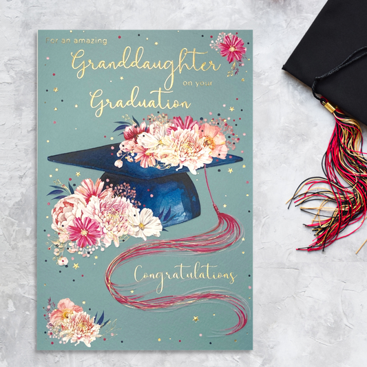 Front image with teal colour design, mortar board surrounded by flowers and gold text
