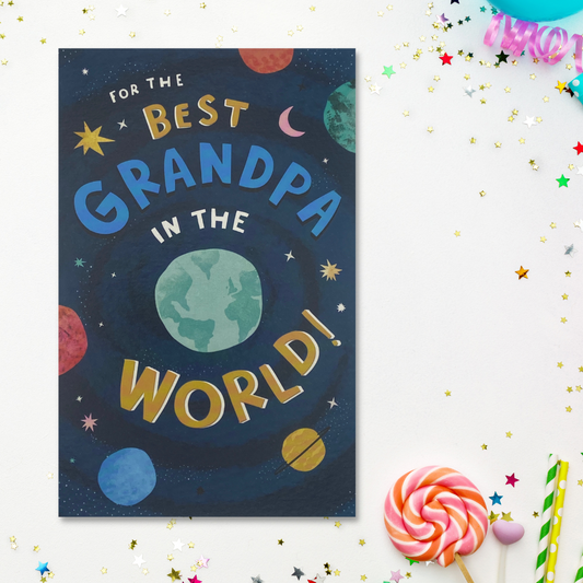 Navy card wth planets and bright coloured text