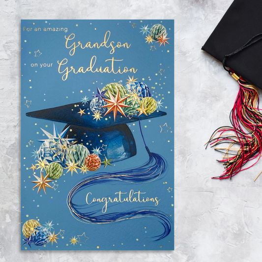 Stunning Blue Grandson Graduation card with mortar board surrounded by decorations and gold foil text