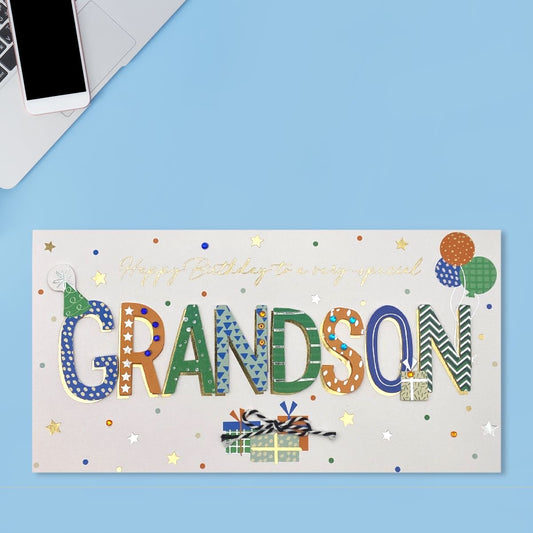 Grandson Decoupage Letters Birthday Card Design Displayed In Full