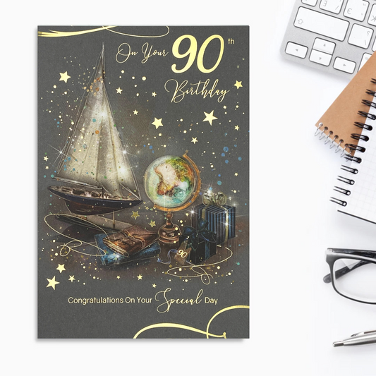 Front image with 90th gold text on dark background, Boat, Globe, Gifts and gold stars