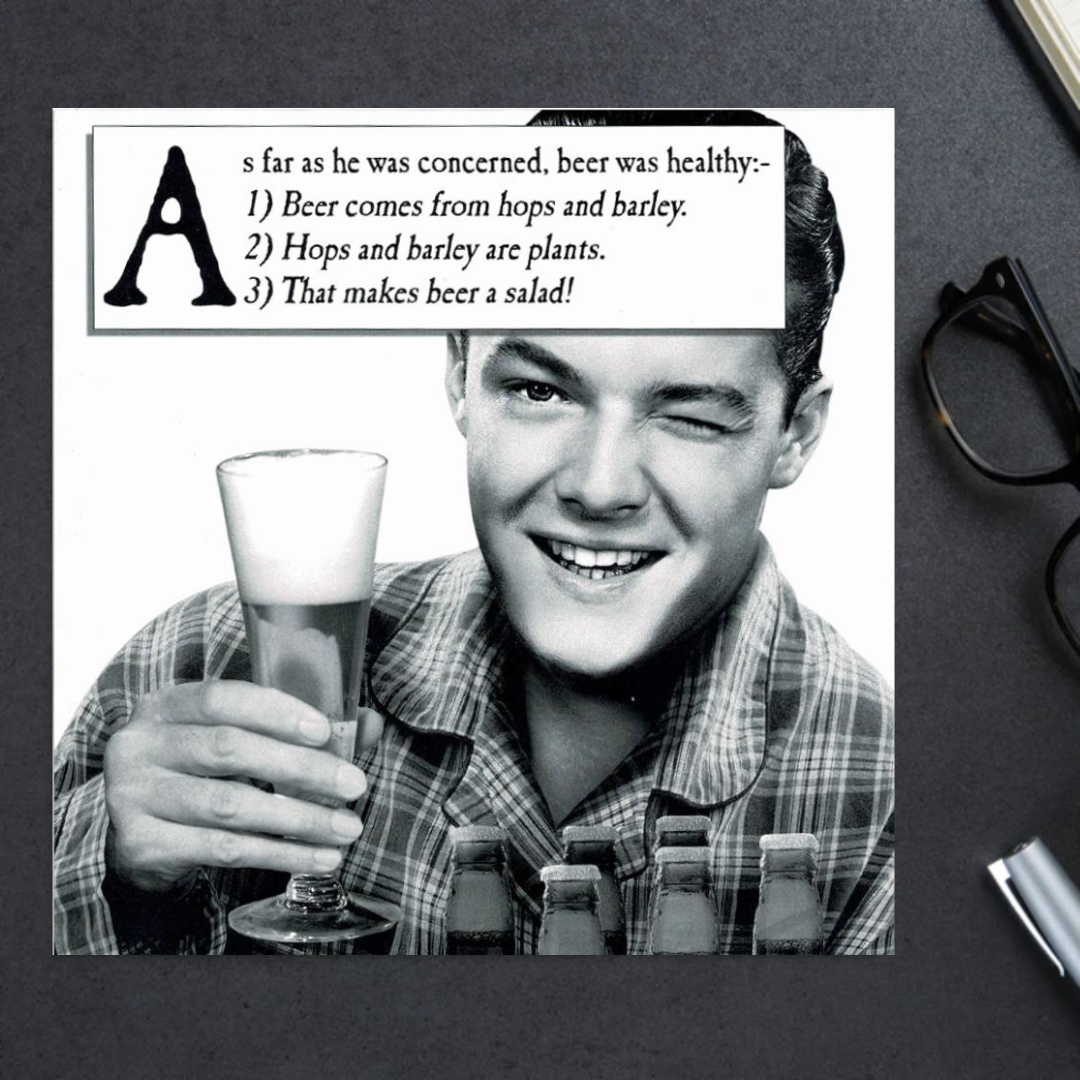 Black and white square card with man holding beer and winking