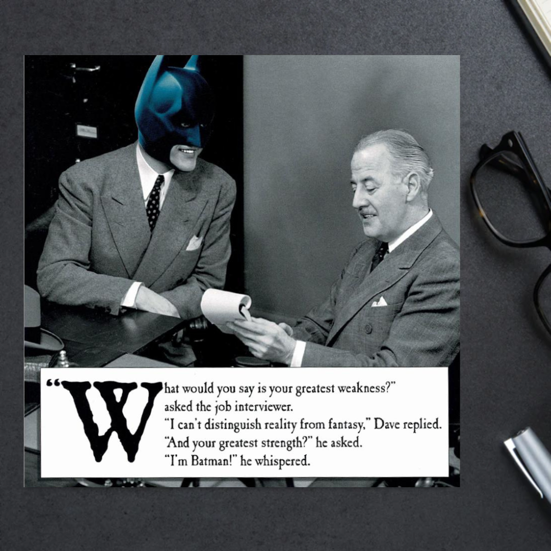 Black & White square card with batman being interviewed