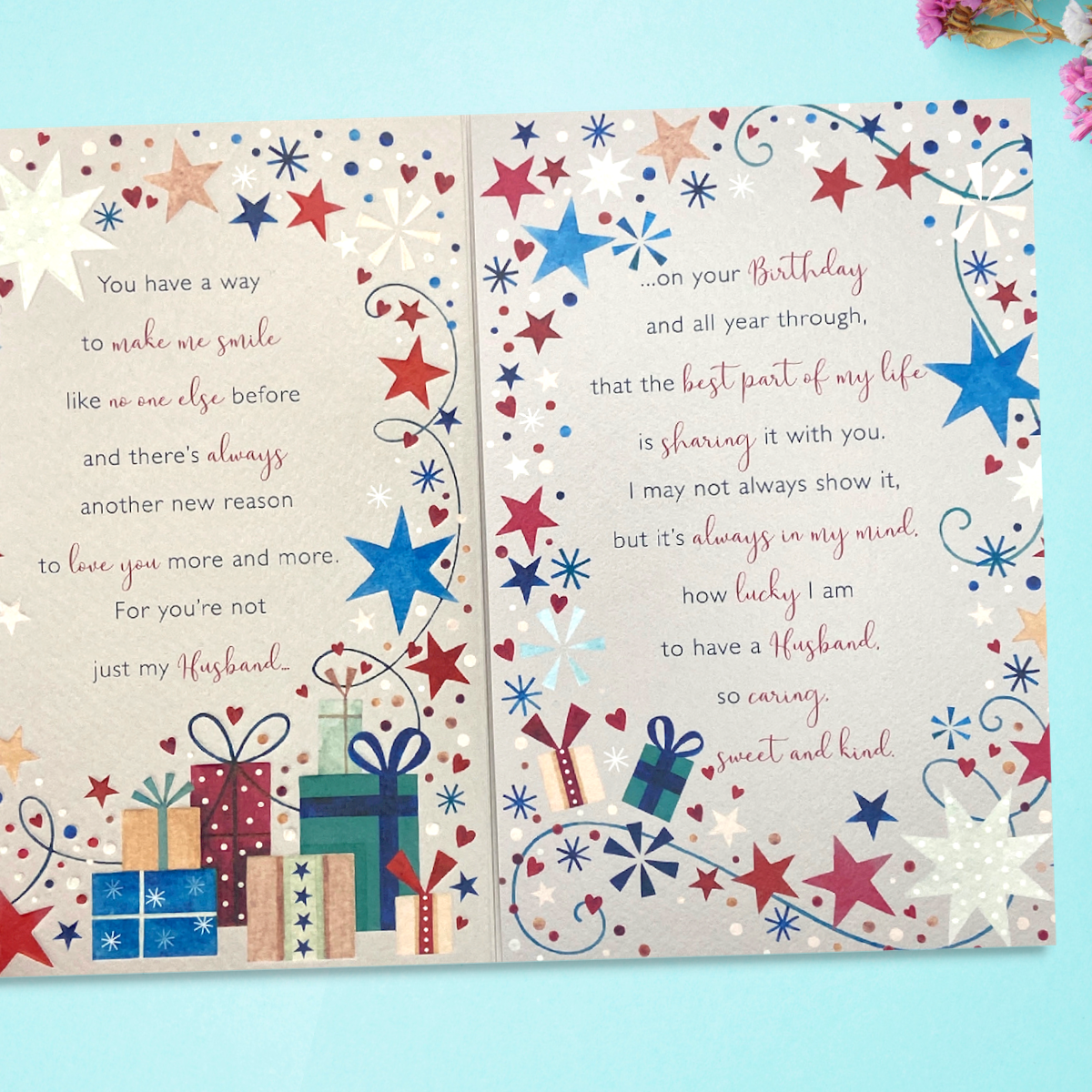 Two further pages with star borders, gifts and verse