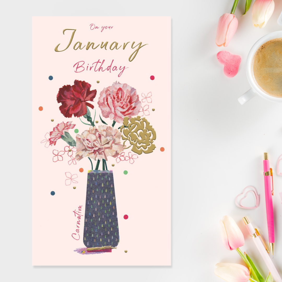 Slim pink card with vase of carnations and gold foil text