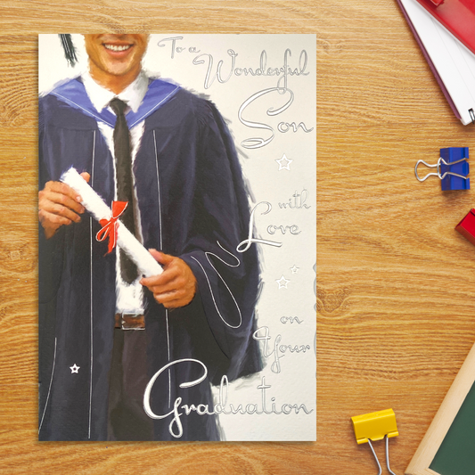 Front image with male in graduation gown and certificate