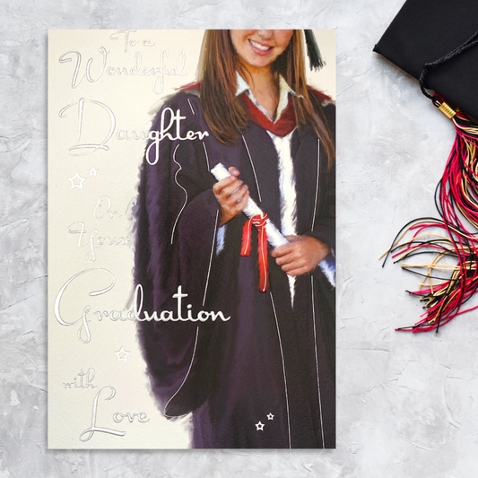 Front image with girl in graduation gown with certificate