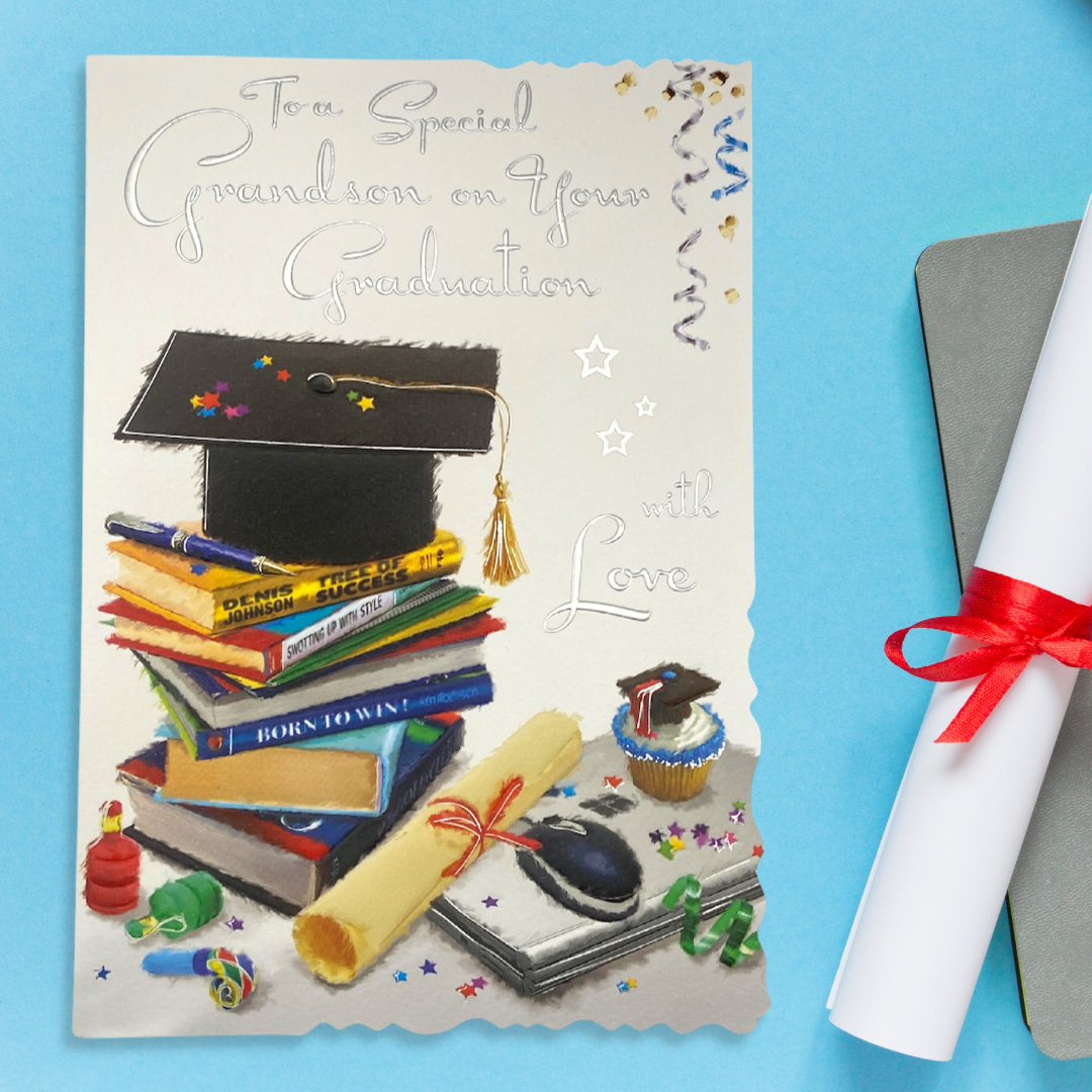 Front Image with mortar board, stack of books, certificate and silver foil text