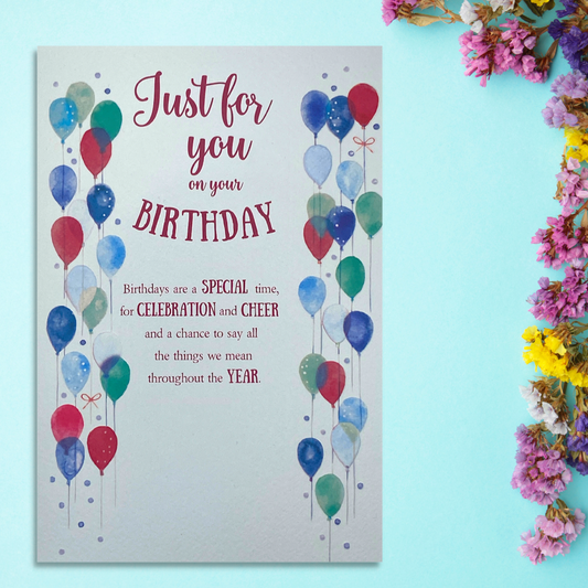 Just for you card with blue red and green balloons and verse