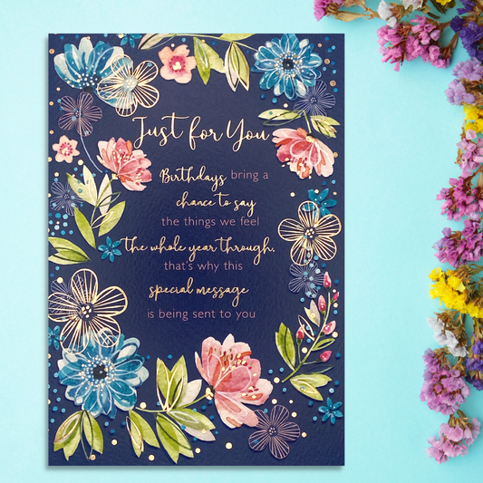 Navy card with floral border and verse