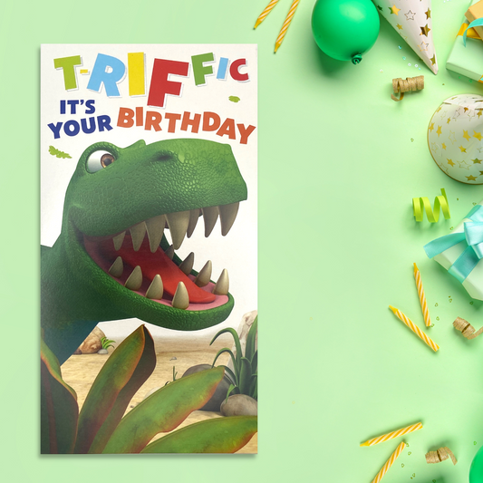 Dinosaur Themed Birthday Card Displayed In Full