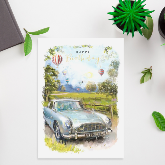 Classic Car Themed Birthday Card Displayed In Full