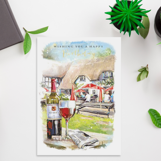 Pub Scene Complete With Bottle Of Red Wine Themed Birthday Card