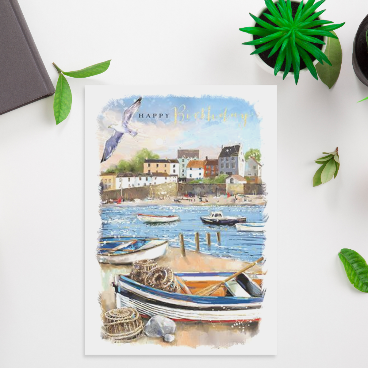 Seaside Scene Complete With Boats Greeting Card Design