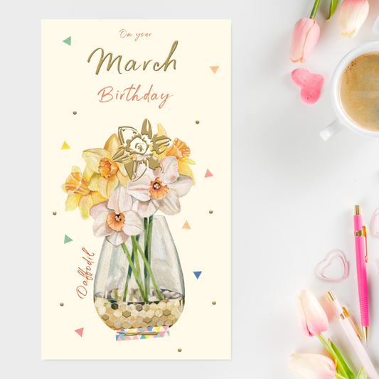 Slim Lemon card with daffodils in vase and gold text
