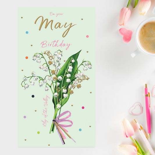 Slim green birthday card with lily of the valley flower and gold text