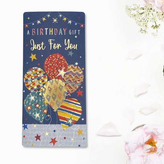 Blue card with bright colour balloons and stars with gold foil details