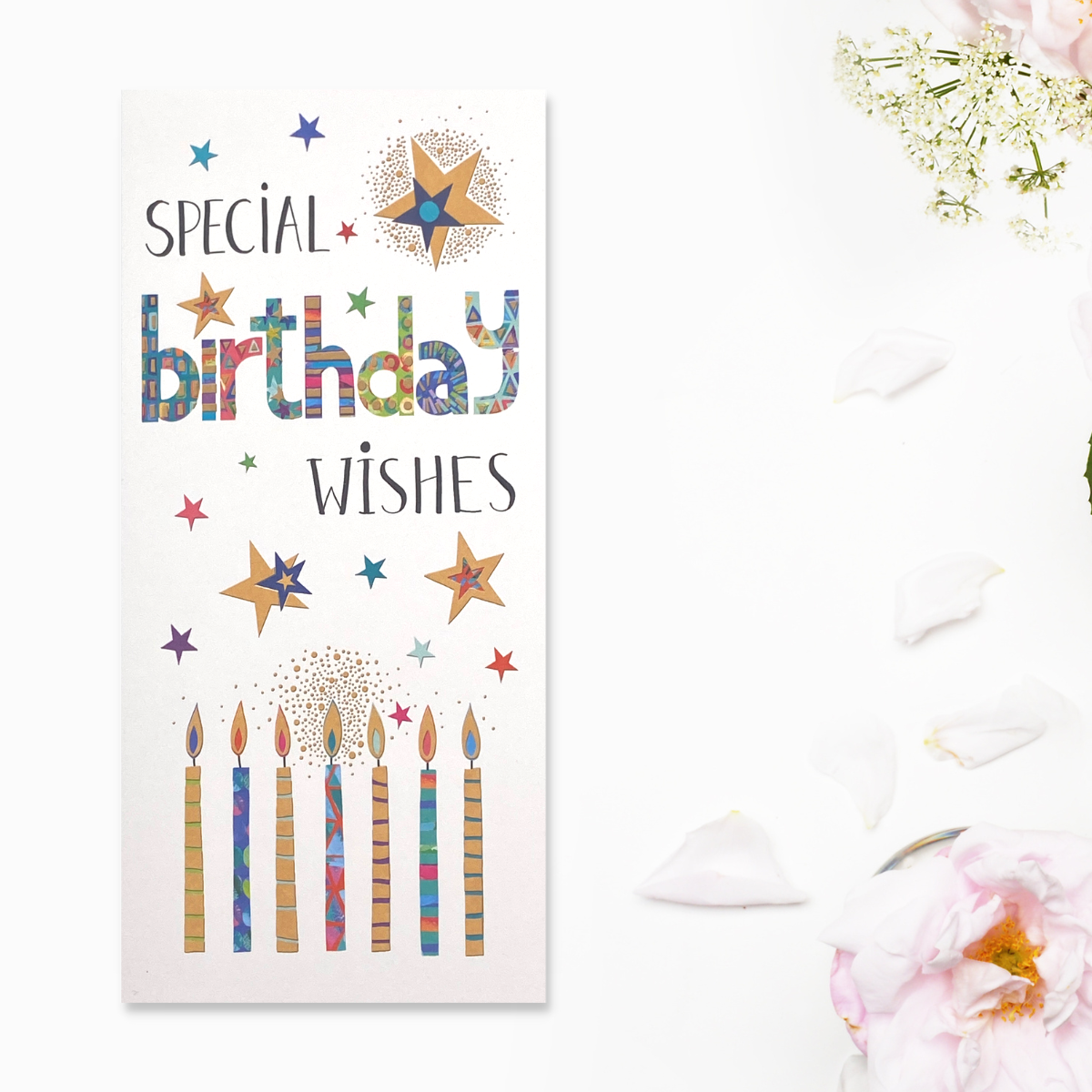 White Money wallet with coloured candles and stars with birthday text