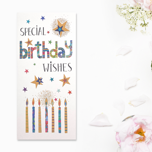 White Money wallet with coloured candles and stars with birthday text
