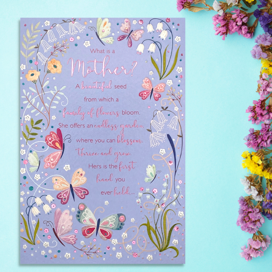 Lilac card with floral border. butterflies and verse