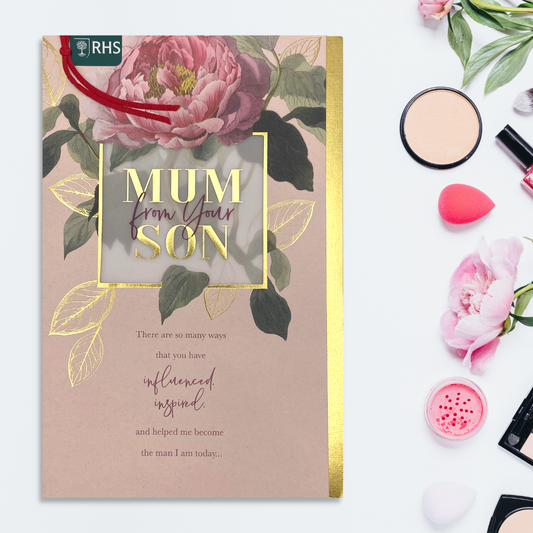 Gorgeous rose colour card with artistic floral illustrations and gold foil details