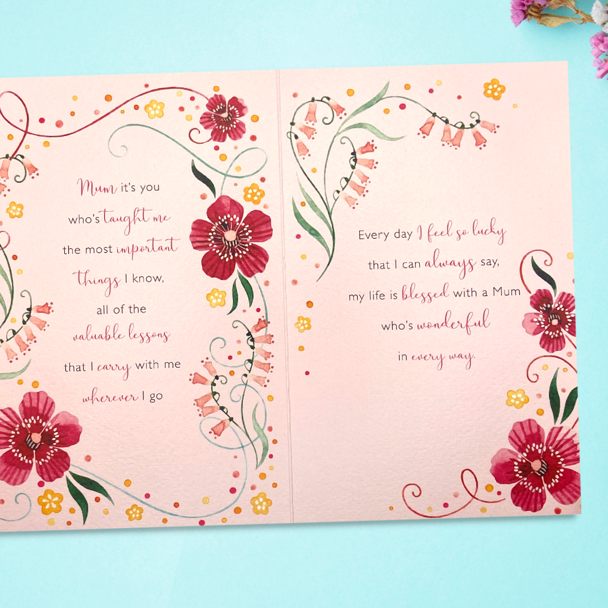 Two further pages with more verse and flower graphics