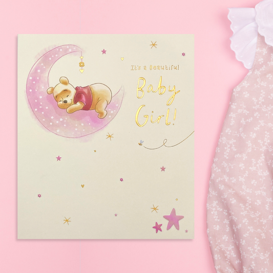 Square Winnie the pooh new baby girl card with Winnie on Pink moon with stars