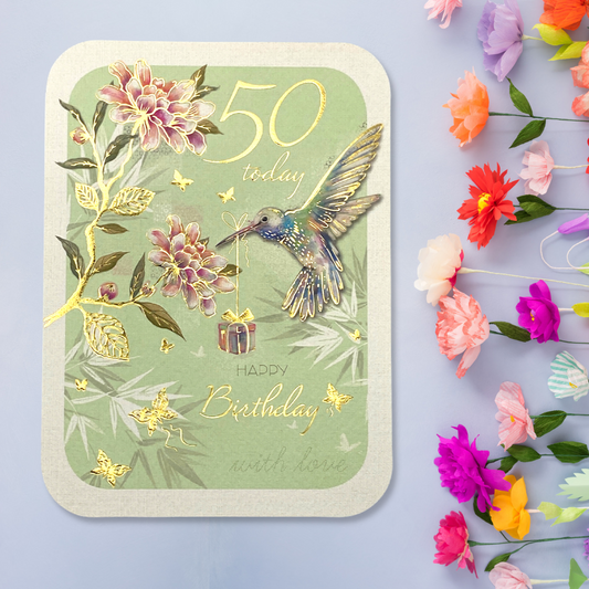 Front image with green background, hummingbird flowers and gift