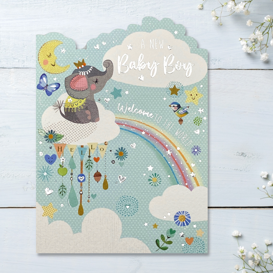 Die cut baby boy card with elephant and rainbow