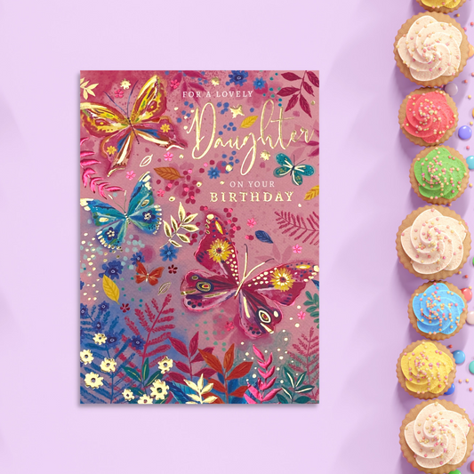 Bright and bold coloured butterflies and flowers with pink and gold foil