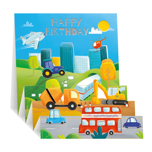 Zig Zag Pop Up Birthday Card  - Trucks & Diggers