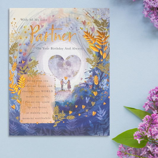 Large square card with blue floral border, illustration of couple hand in hand and copper foil leaf details