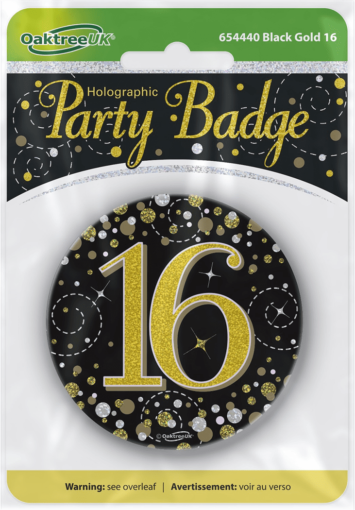 Birthday Badge 3 inch - 16 Today Black & Gold Sparkling Fizz