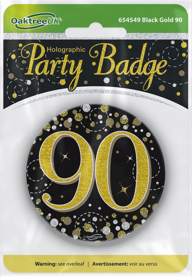 Birthday Badge 3inch - 90 Today Black & Gold Sparkling Fizz