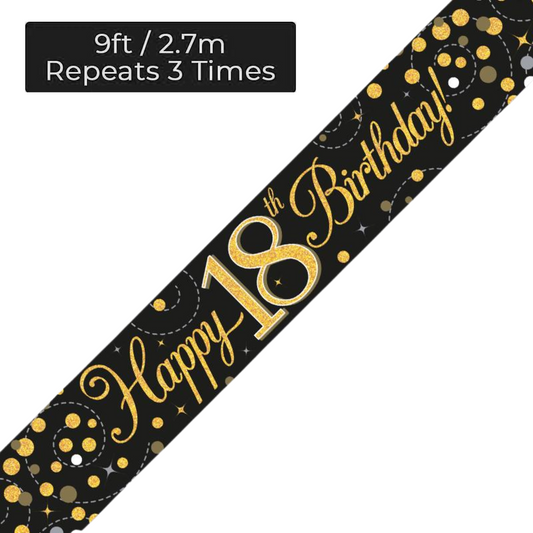 Age 18 Black & Gold Holographic 9ft Birthday Banner