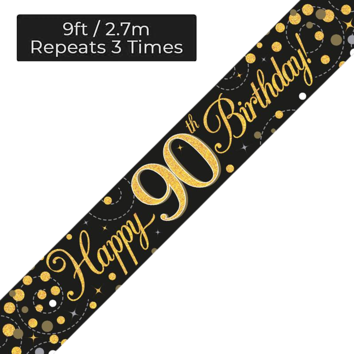 Age 90 Black & Gold Holographic 9ft Banner