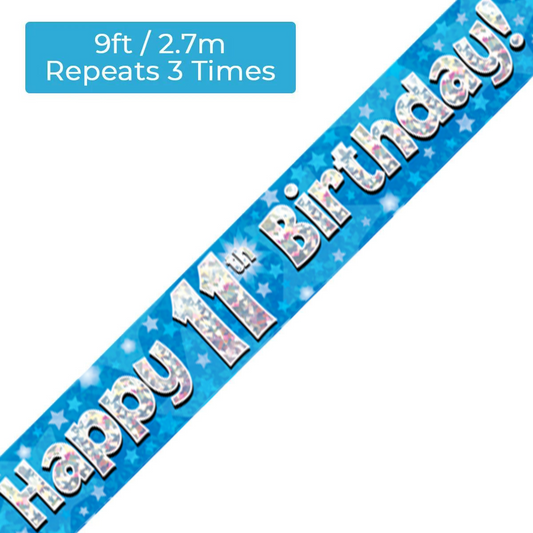 Age 11 Blue Holographic 9ft Birthday Banner