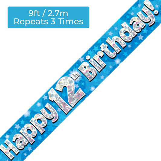 Age 12 Blue Holographic 9ft Birthday Banner