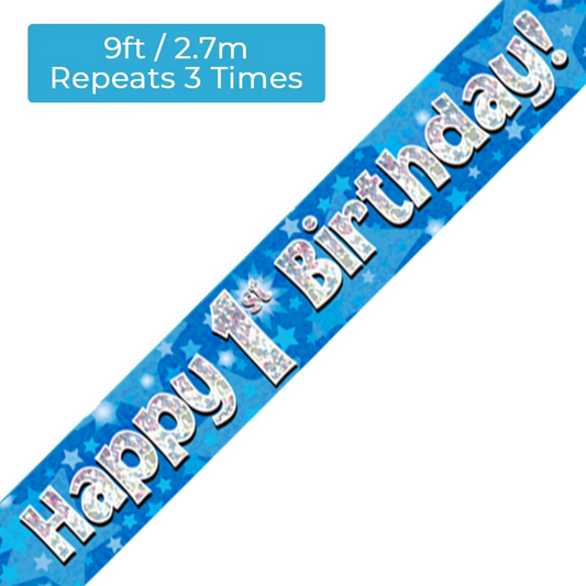 Age 1 Blue Holographic 9ft Birthday Banner