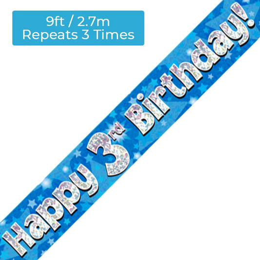 Age 3 Blue Holographic 9ft Birthday Banner