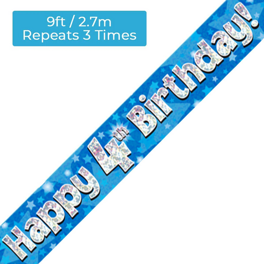 Age 4 Blue Holographic 9ft Birthday Banner