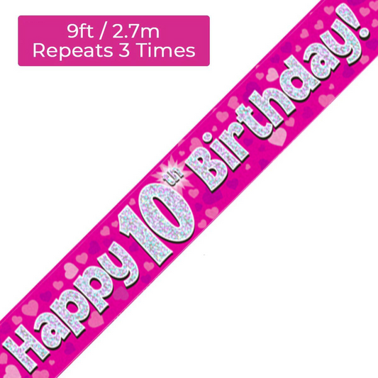 Age 10 Pink Holographic 9ft Birthday Banner
